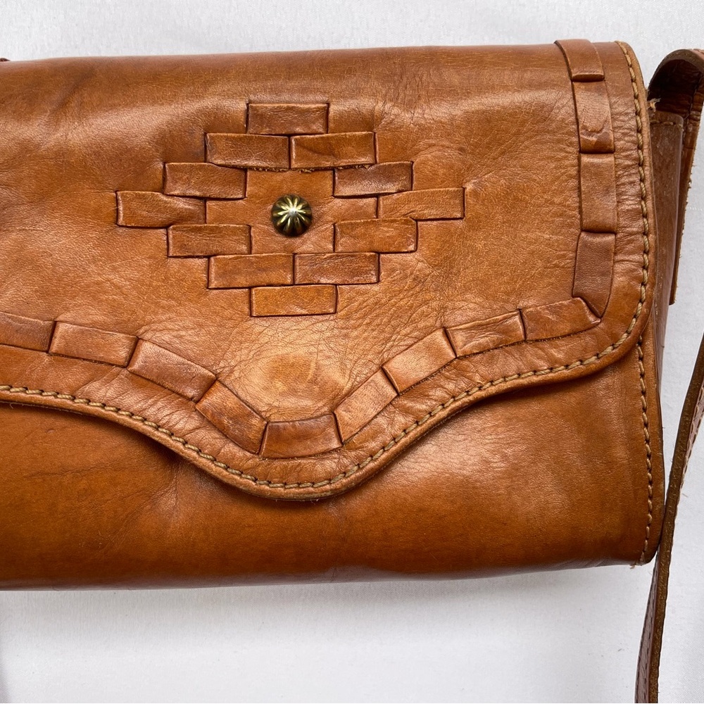 Vintage American West Woven Brown Leather Western Crossbody Bag Bohemian Tooled - Picture 7 of 9